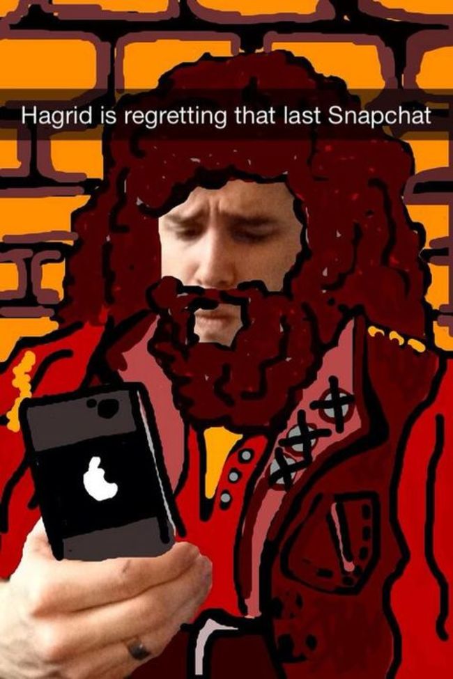 nerdy snapchat cartoon - Hagrid is regretting that last Snapchat