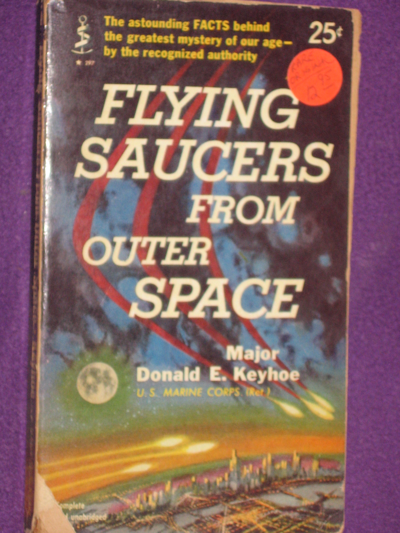 The first published book to use the term “UFO” was Donald E. Keyhoe’s 1953 book, Flying Saucers from Outer Space.