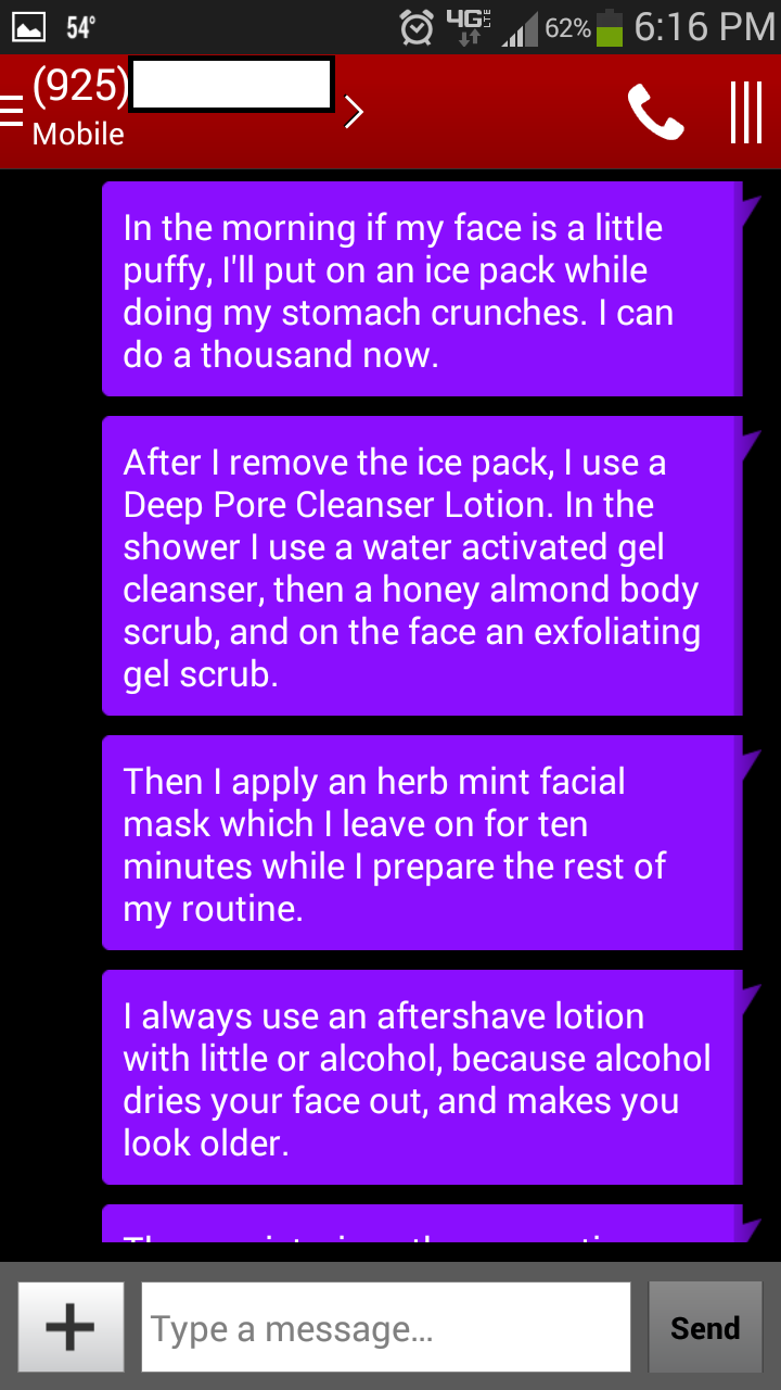 screenshot - 0 46,62% 54 925 Mobile In the morning if my face is a little puffy, I'll put on an ice pack while doing my stomach crunches. I can do a thousand now. After I remove the ice pack, use a Deep Pore Cleanser Lotion. In the shower I use a water ac