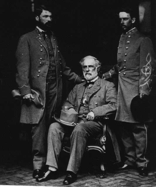 Robert E. Lee, his son and Lt. Col. Walter Taylor at Appomattox after the surrender in 1865.
