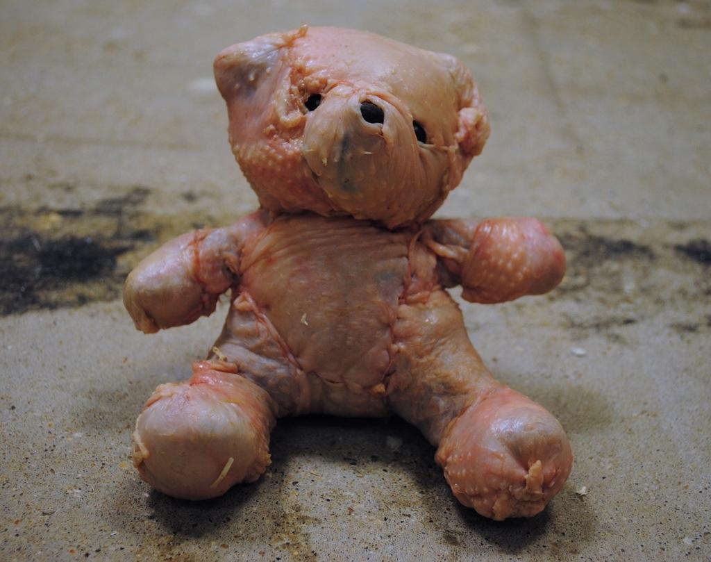 Teddy bear made out of chicken skin.
