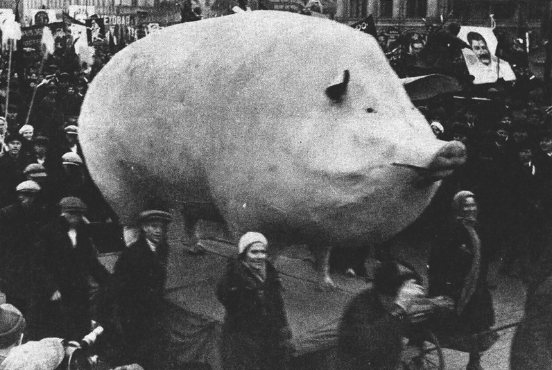 A huge pig on the parade, USSR, 1920s.