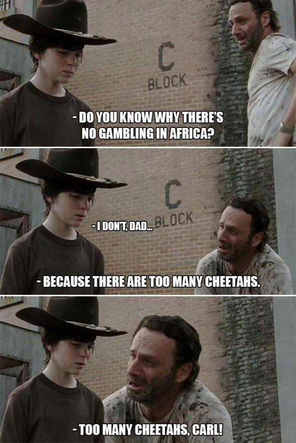 dad jokes - rick grimes dad joke - Block Do You Know Why There'S No Gambling In Africa? I Dont DAD_BLOCK Because There Are Too Many Cheetahs. Too Many Cheetahs, Carl!