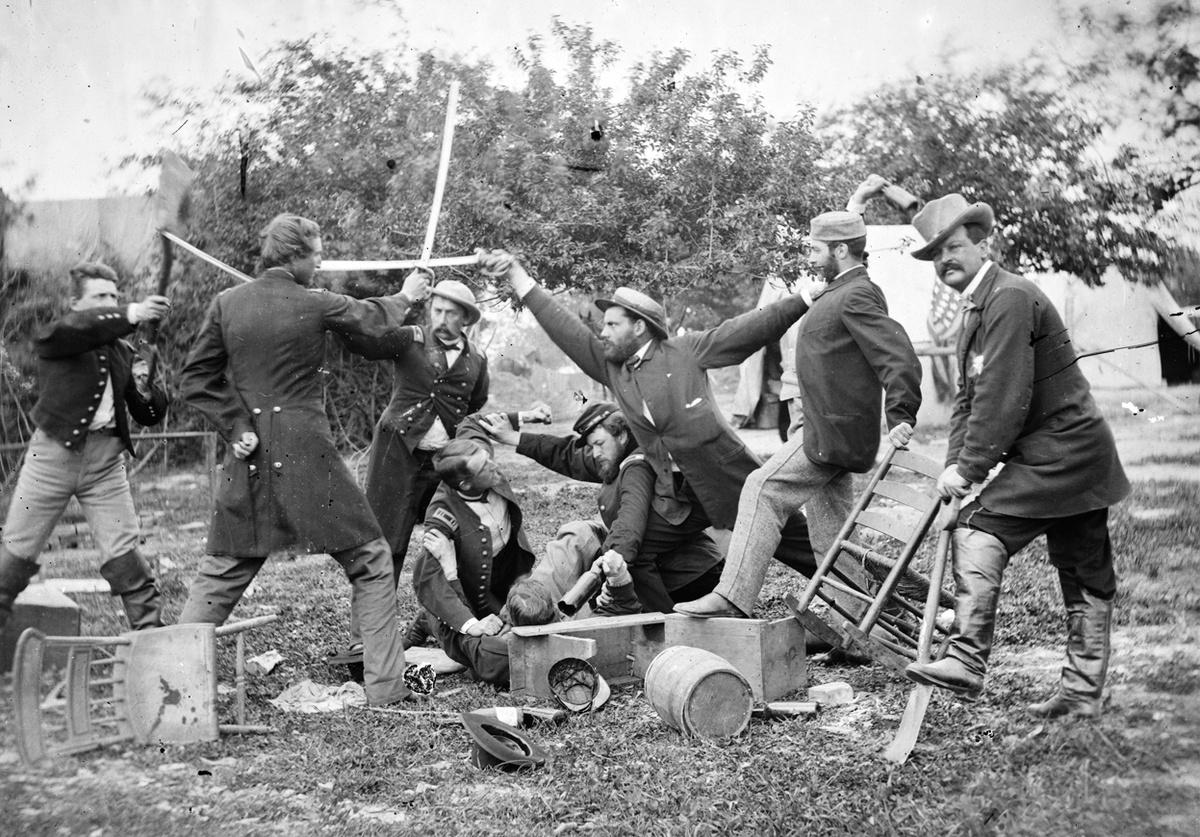 Army of the Potomac soldiers fight over a bottle of wine near Falmouth, Virginia in April of 1863.
