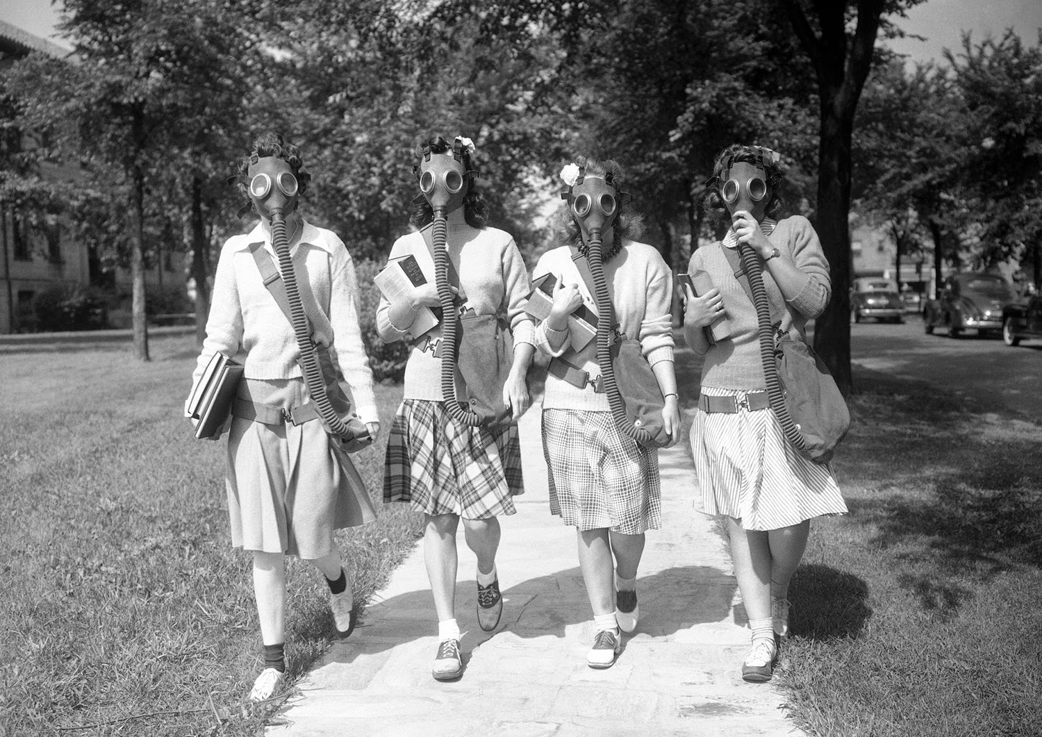 University of Detroit students trying out masks in a practice drill on the campus on June 23, 1942.