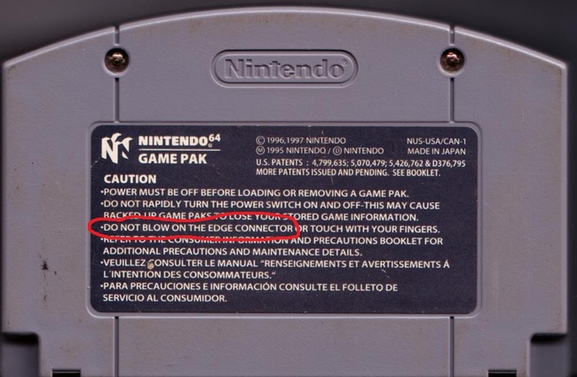 nintendo do not blow - Nintendo Nintendo 64 1996, 1997 Nintendo NusUsaCan1 1995 Nintendo Nintendo Made In Japan Game Pak U.S. Patents 4,799,635; 5,070,479; 5,426,762 & D376,795 More Patents Issued And Pending. See Booklet. Caution Power Must Be Off Before