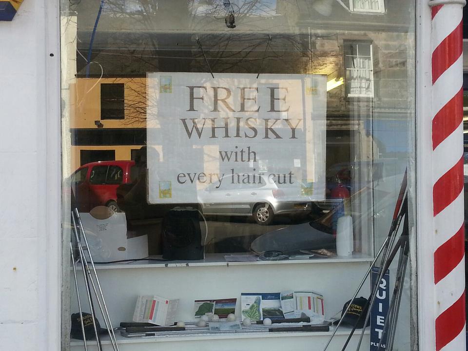 meanwhile in scotland - Free Whisky with every hair cut $