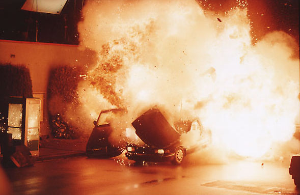 Exploding cars - Gasoline doesn't explode unless mixed with about 93% air. This might shock you, but if two cars crash into each other, they won't explode instantly. If a car flips over, its driver doesn't have to rush out of it in seconds, because it won't likely explode.  Shooting a gas tank won't make the car explode, either.