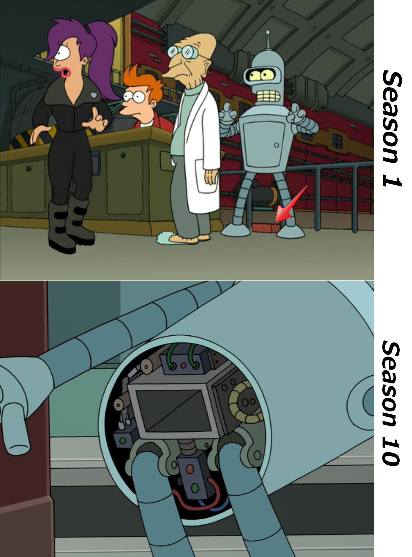 Bender sh*ts a brick in season one and reveals his brick-holder in season ten. Continuity, bitches!