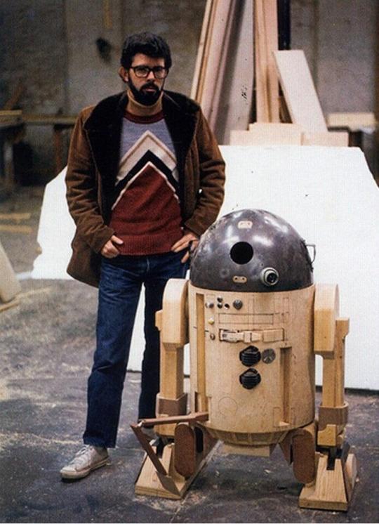 George Lucas with R2D2 prototype, 1975.