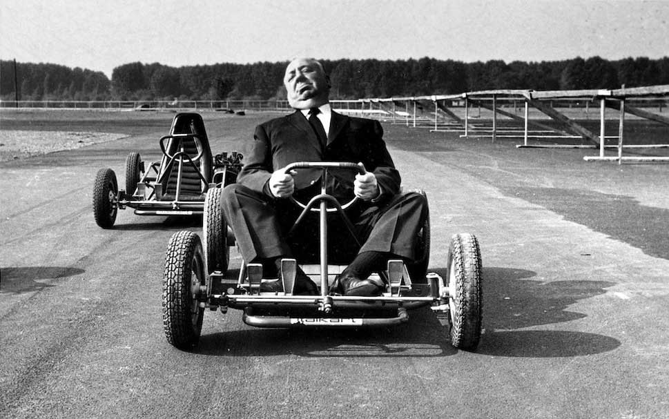 Alfred Hitchcock Riding A Go-Kart, 1960.