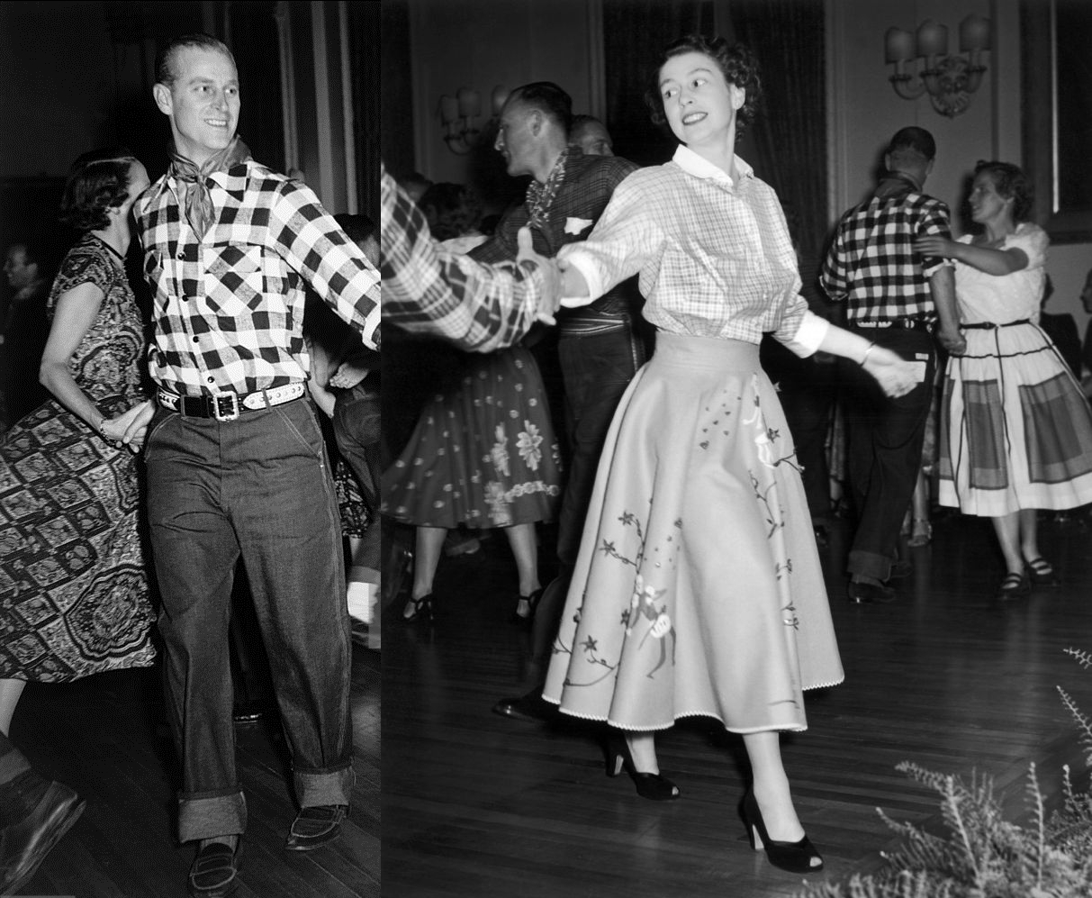 Queen (then princess) Elizabeth in peasant blouse and cotton skirt, with her husband Prince Philip in checkered shirt and blue jeans, enjoy an old-fashioned hoedown at a private party in Ottawa, Canada, October 11, 1951.