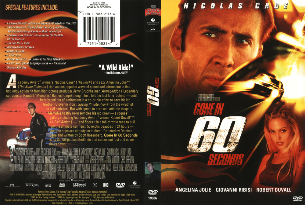 Gone in 60 Seconds is a 2000 American action/heist film, starring Nicolas 

Cage, Angelina Jolie, Giovanni Ribisi, Christopher Eccleston, Robert Duvall, 

Vinnie Jones, and Will Patton.