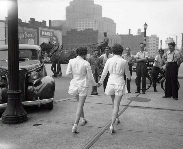 2 women who first wore shorts in public cause a car accident. Toronto 1937.