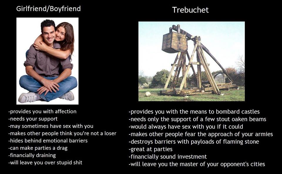 girlfriend vs trebuchet - GirlfriendBoyfriend Trebuchet provides you with affection needs your support may sometimes have sex with you makes other people think you're not a loser hides behind emotional barriers can make parties a drag financially draining