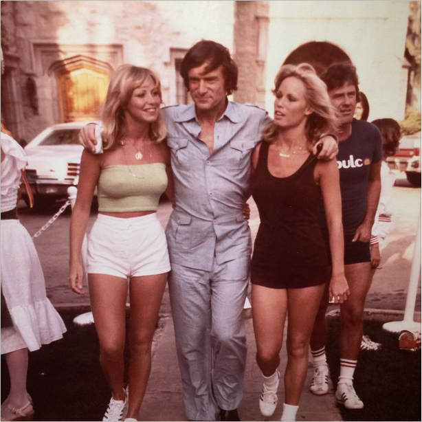 Hugh Hefner after a game of tennis, Playboy Mansion, 1977.