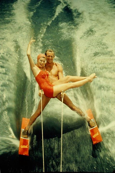 A waterskiing couple in California, USA. Circa 1950.