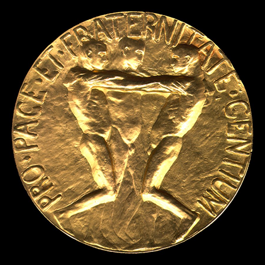 The Nobel Peace Prize medal depicts three naked men with their hands on each other's shoulders.