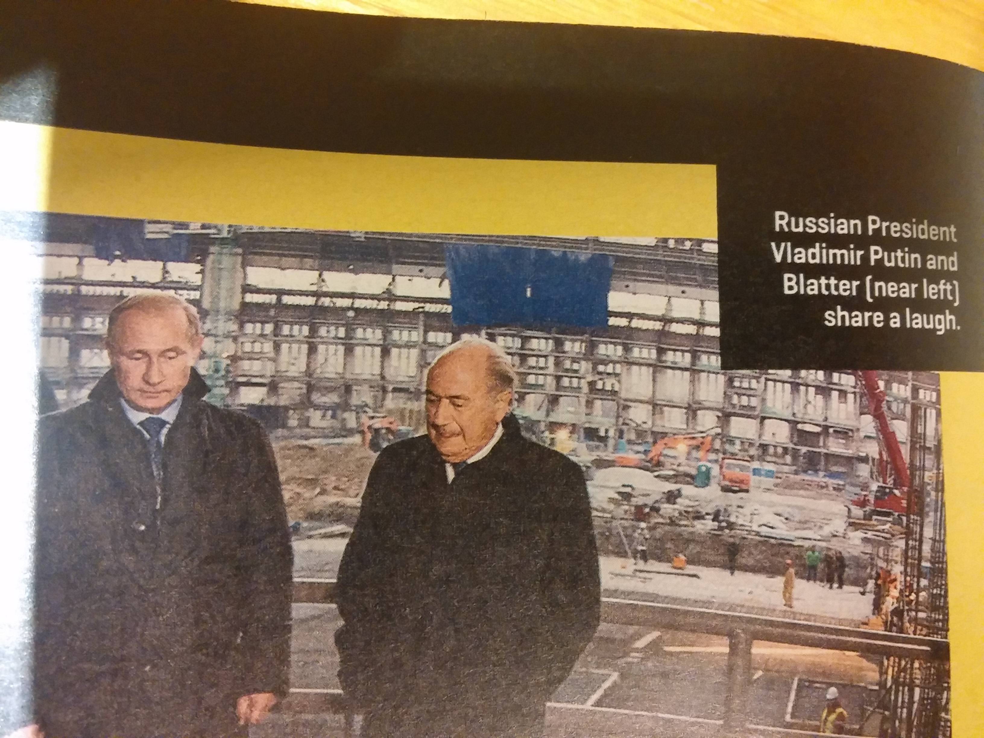 Russian President Vladimir Putin and Blatter near left a laugh