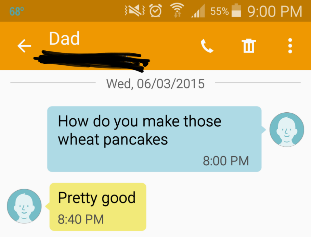 680 No 55% Dad Wed, 06032015 How do you make those wheat pancakes Pretty good