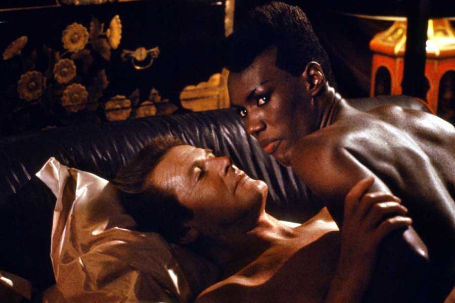 Roger Moore & Grace Jones in A View To A Kill (1985) - Moore was 57 
years old at the time of filming, the two actors didn’t get along very 
well, and those were only a few of the things that made the unpleasant fake sex scene extremely awkward.