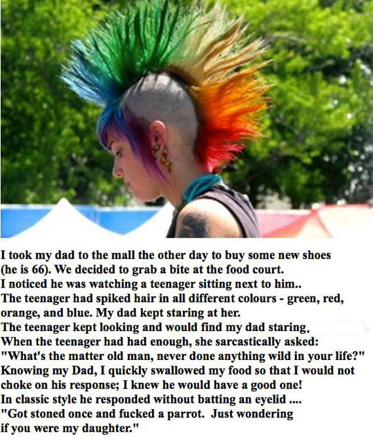 fucked a parrot once - I took my dad to the mall the other day to buy some new shoes he is 66. We decided to grab a bite at the food court. I noticed he was watching a teenager sitting next to him.. The teenager had spiked hair in all different colours gr