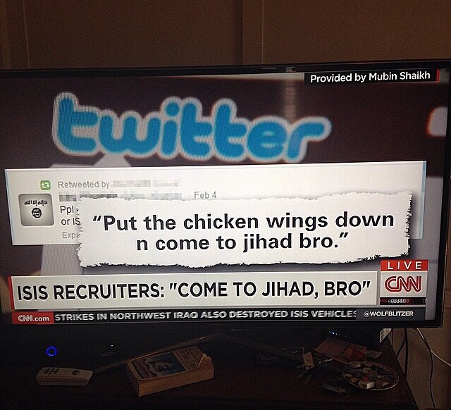chicken wing jihad - Provided by Mubin Shaikh twitter 33 Retweeted by Feb 4 Ppl Ofis "Put the chicken wings down U n come to jihad bro." Expa Live Isis Recruiters "Come To Jihad, Bro" Can Cnn.com Strikes In Northwest Iraq Also Destroyed Isis Vehicles Wolf