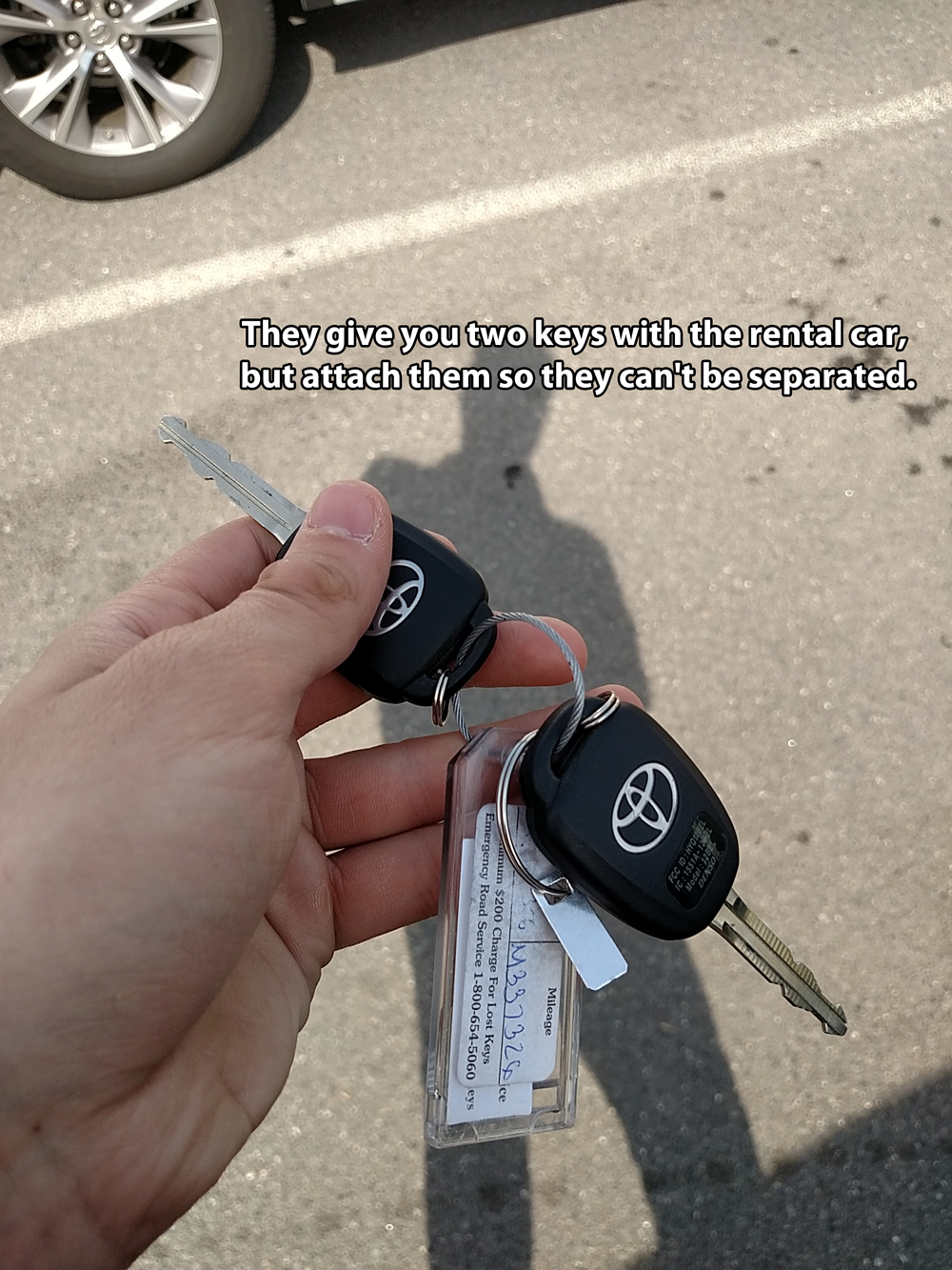vehicle - They give you two keys with the rental car, but attach them so they can't be separated. Adsl