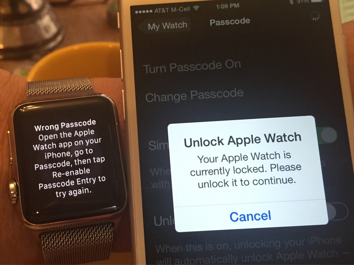 electronics - 91% At&T MCell My Watch Passcode Turn Passcode On Bebe Change Passcode Sim Wrong Passcode Open the Apple Watch app on your iPhone, go to Passcode, then tap Reenable Passcode Entry to try again. Unlock Apple Watch Your Apple Watch is currentl