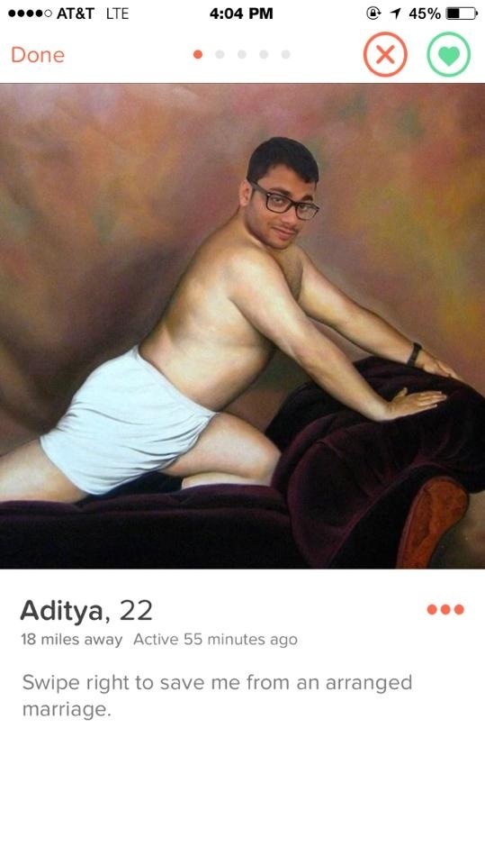tinder - george costanza art of seduction - ....0 At&T Lte 1 45% Done Aditya, 22 18 miles away Active 55 minutes ago Swipe right to save me from an arranged marriage.