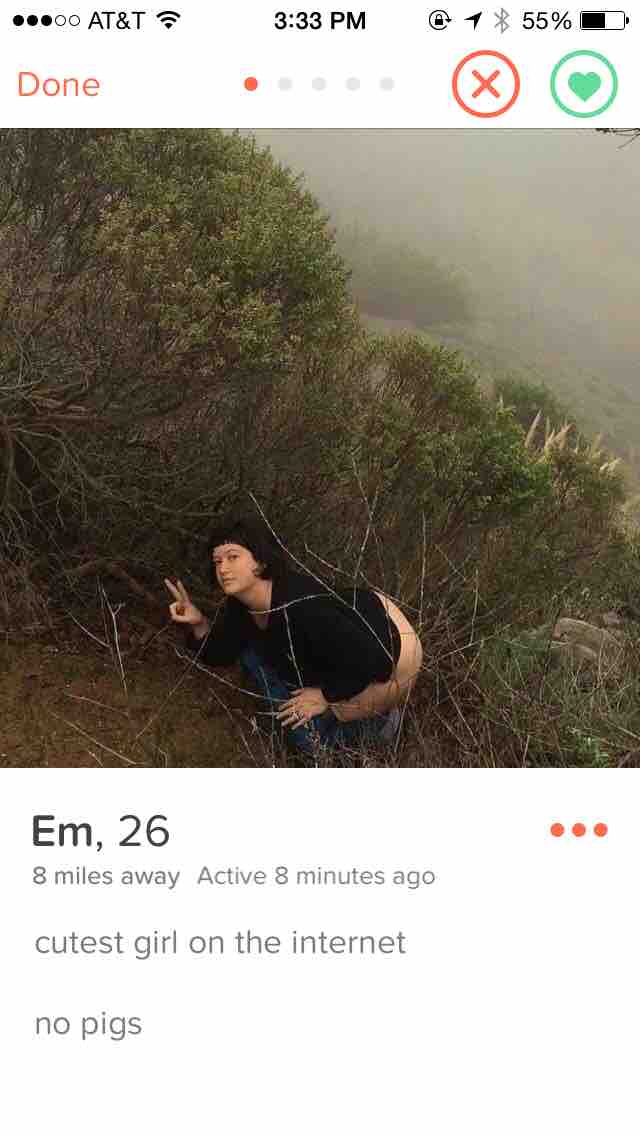 tinder - tinder amputee - ...00 At&T @ 1 55% D. Done Em, 26 8 miles away Active 8 minutes ago cutest girl on the internet no pigs