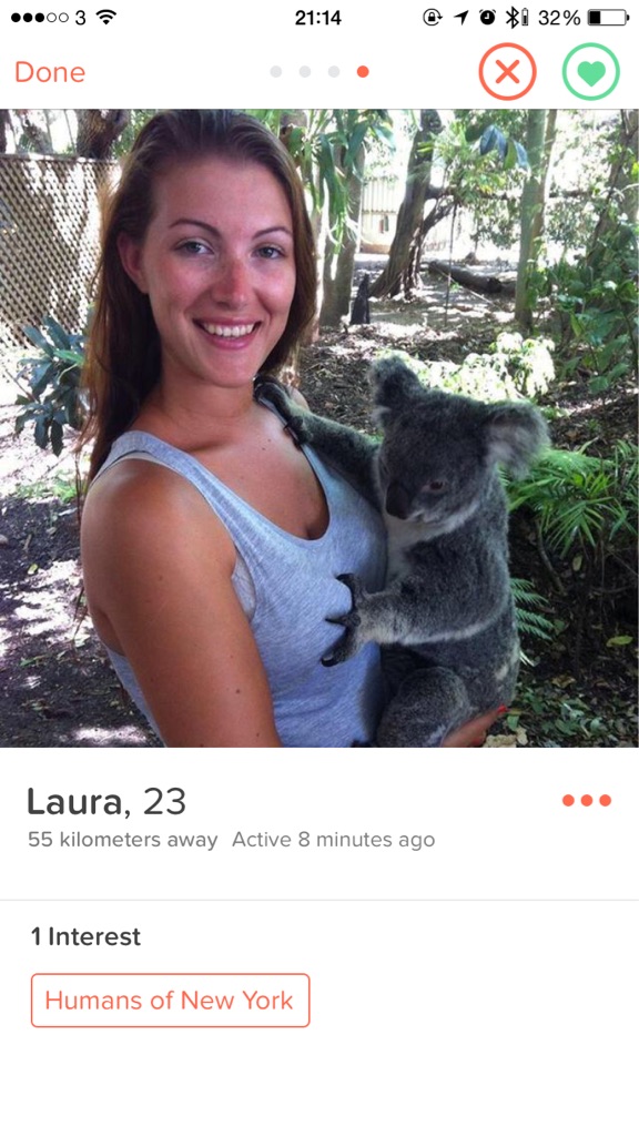 tinder - ...003 @ 10xi 32%D Done Laura, 23 55 kilometers away Active 8 minutes ago 1 Interest Humans of New York
