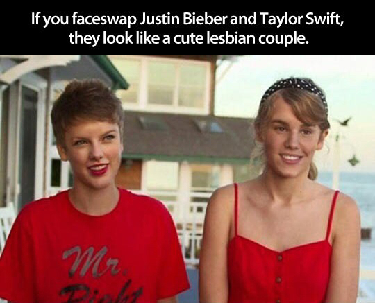 justin bieber taylor swift face swap - If you faceswap Justin Bieber and Taylor Swift, they look a cute lesbian couple.