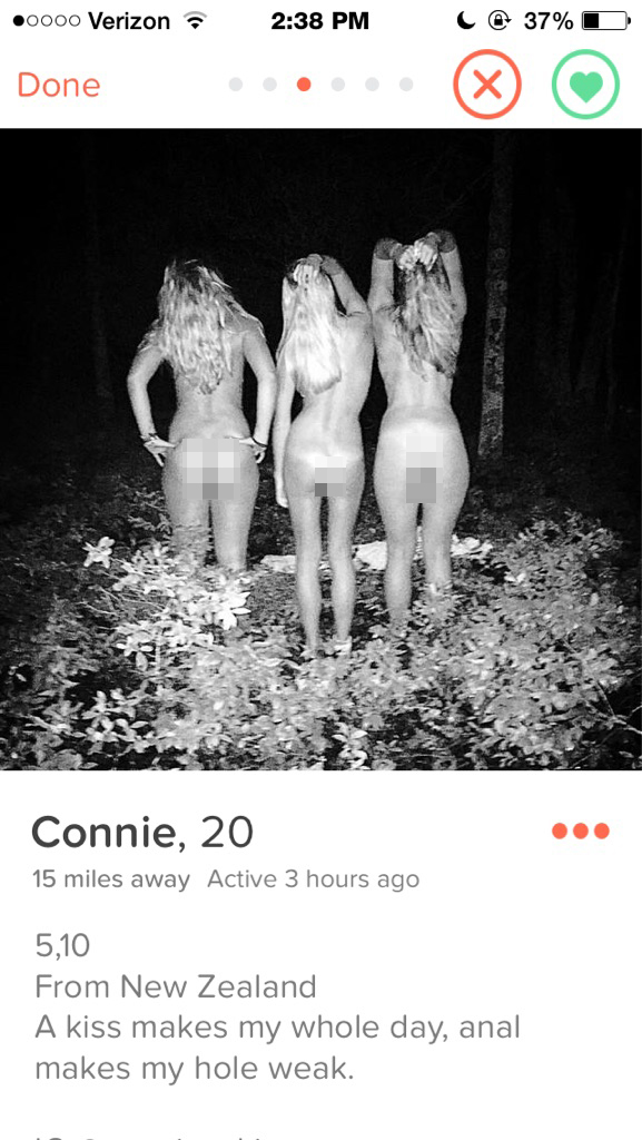 tinder - human - 0000 Verizon i @ 37% D Done Connie, 20 15 miles away Active 3 hours ago 5,10 From New Zealand A kiss makes my whole day, anal makes my hole weak.