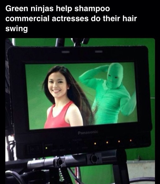 shampoo commercial green screen - Green ninjas help shampoo commercial actresses do their hair swing