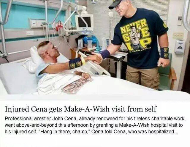 john cena visits john cena - Injured Cena gets MakeAWish visit from self Professional wrestler John Cena, already renowned for his tireless charitable work, went aboveandbeyond this afternoon by granting a MakeAWish hospital visit to his injured self. Han