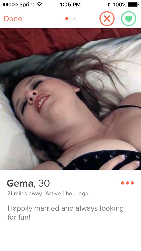 erotic tinder - .000 Sprint 1 100% Done Gema, 30 21 miles away Active 1 hour ago Happily married and always looking for fun!