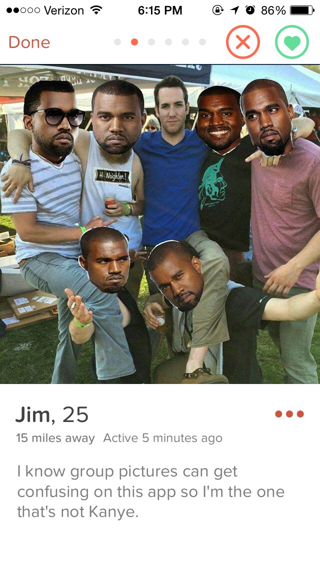 ..000 Verizon 10 86% Done Jim, 25 15 miles away Active 5 minutes ago I know group pictures can get confusing on this app so I'm the one that's not Kanye.
