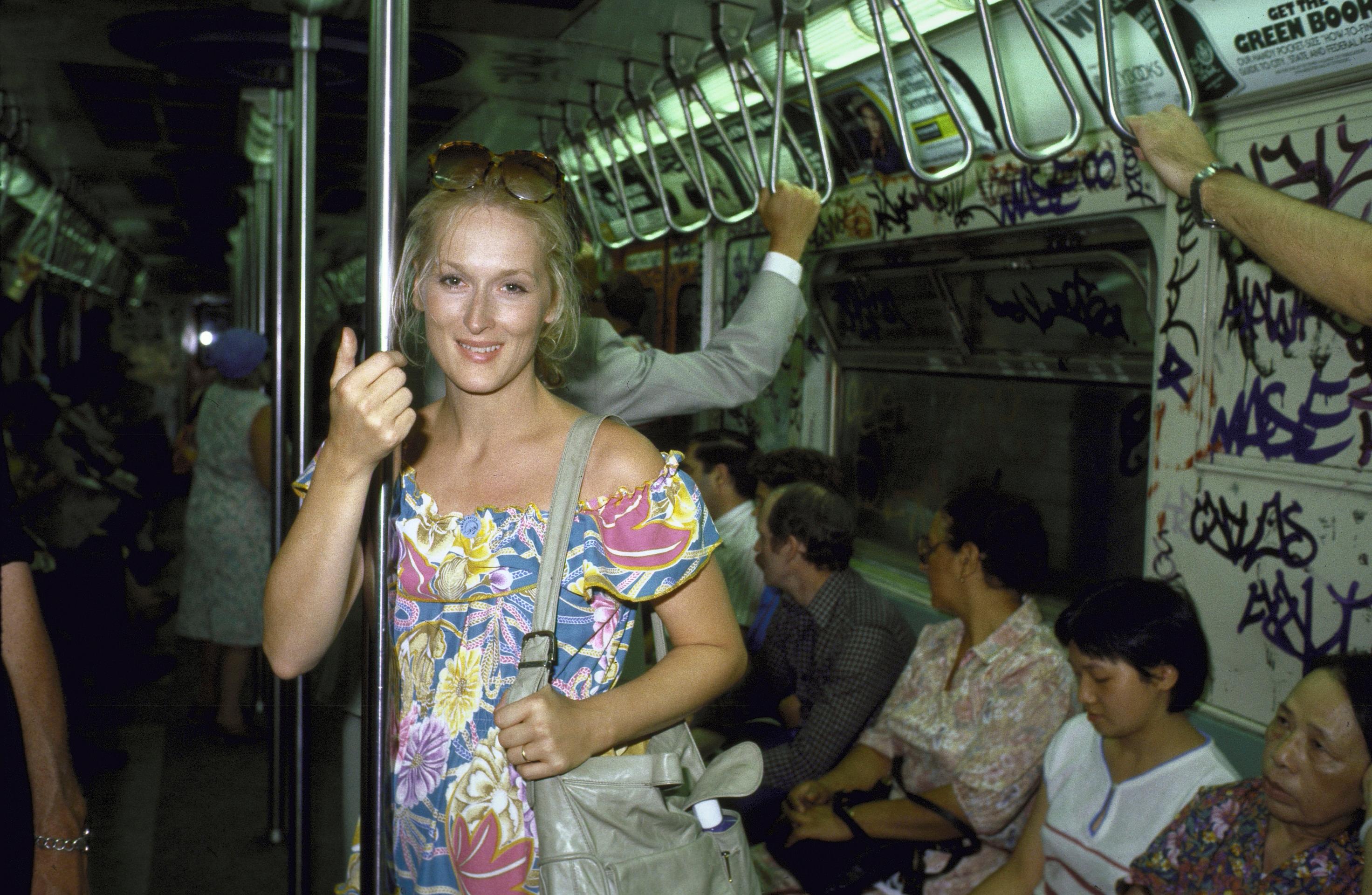 Meryl Streep rides the New York City subway in 1981.