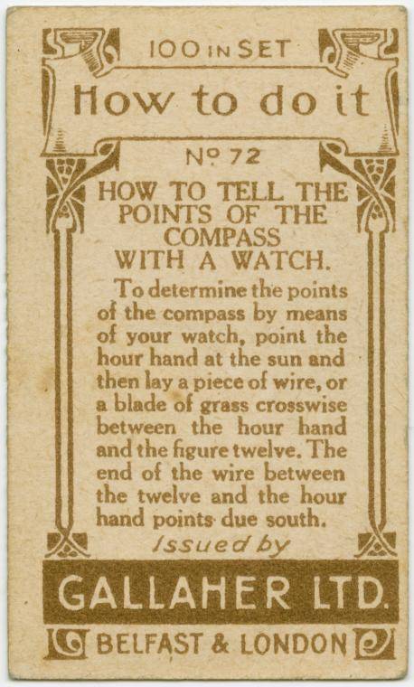 paper - 59100 in Set 2 How to do it No 72 How To Tell The Points Of The Compass With A Watch. To determine the points of the compass by means of your watch, point the hour hand at the sun and then lay a piece of wire, or a blade of grass crosswise between