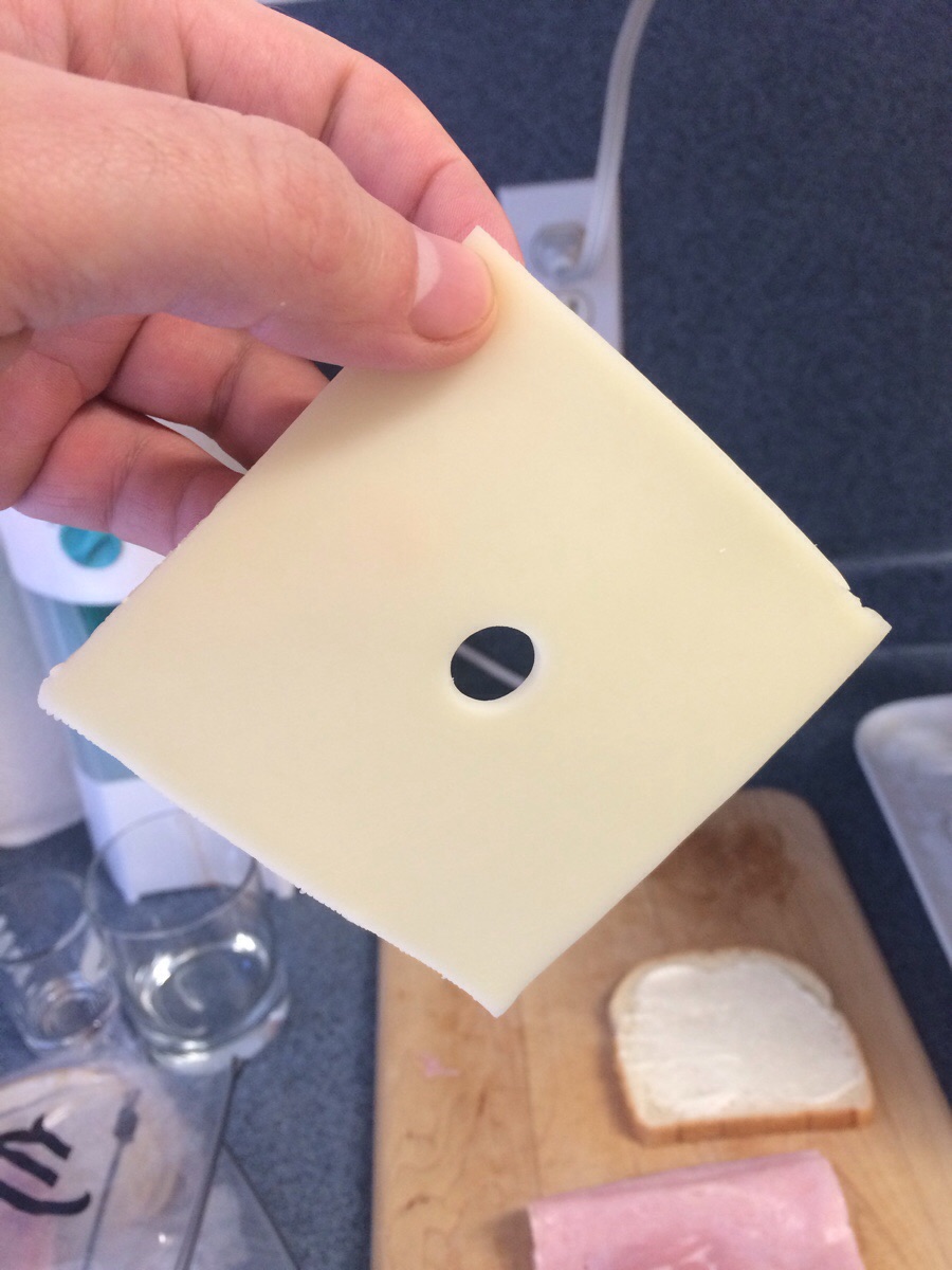Swiss cheese with one hole in it.