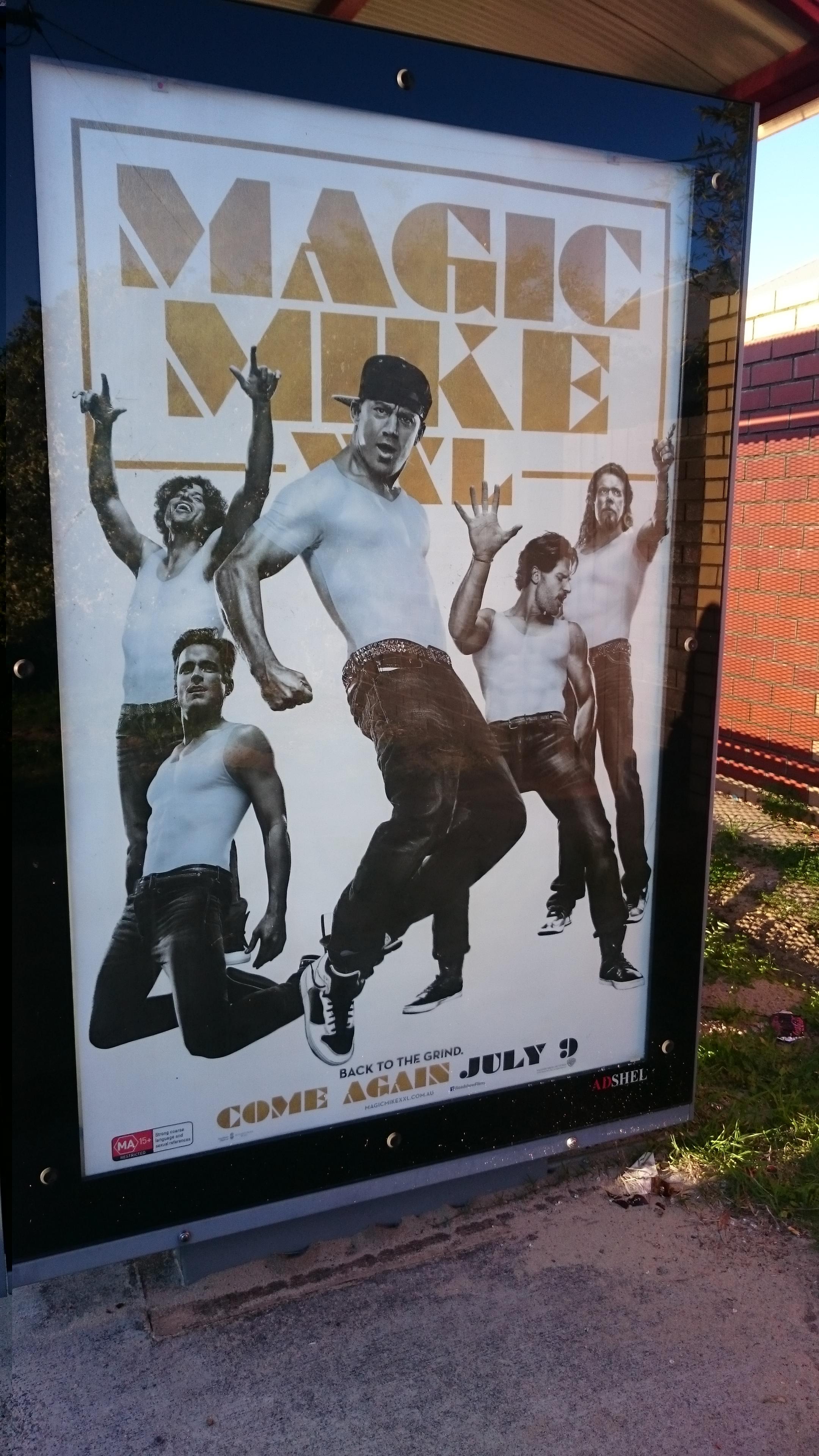 They added shirts to the Magic Mike XXL poster at this bus stop.
