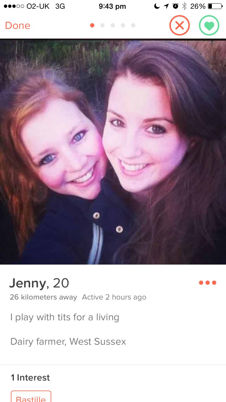 tinder sussex - ...00 02Uk 3G C10 26% O Done Jenny, 20 26 kilometers away Active 2 hours ago I play with tits for a living Dairy farmer, West Sussex 1 Interest Rastille