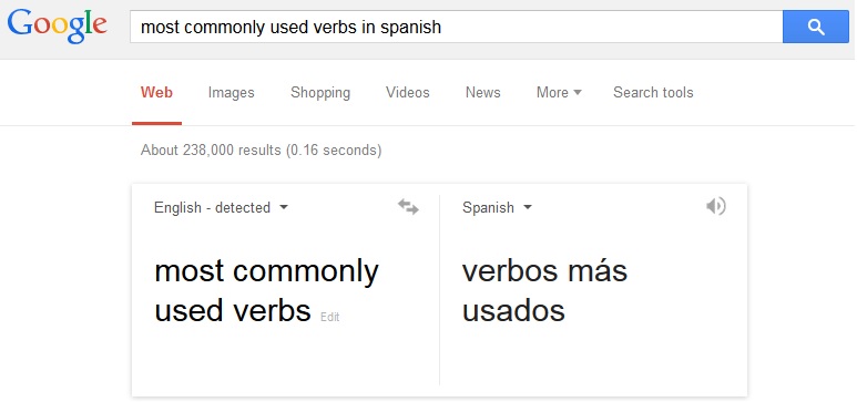 google - Google most commonly used verbs in spanish Web Images Shopping Videos News More Search tools About 238,000 results 0.16 seconds English detected Spanish most commonly used verbs Edit verbos ms usados