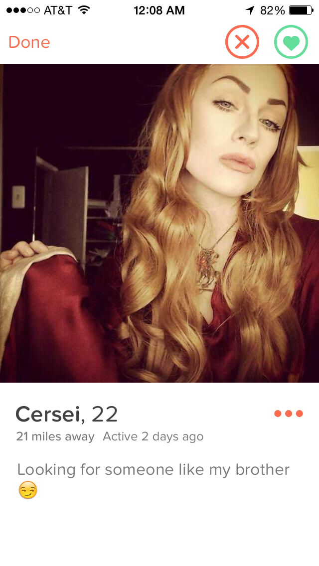 cersei lannister sucking dick - 00 At&T 1 82% 1 Done Cersei, 22 21 miles away Active 2 days ago Looking for someone my brother