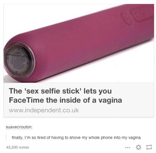 vagina selfie stick - The 'sex selfie stick' lets you FaceTime the inside of a vagina suavecrouton finally, I'm so tired of having to shove my whole phone into my vagina 43,230 notes