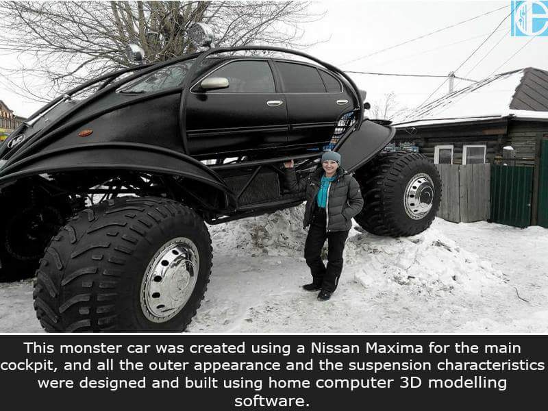 russian car - This monster car was created using a Nissan Maxima for the main cockpit, and all the outer appearance and the suspension characteristics were designed and built using home computer 3D modelling software.