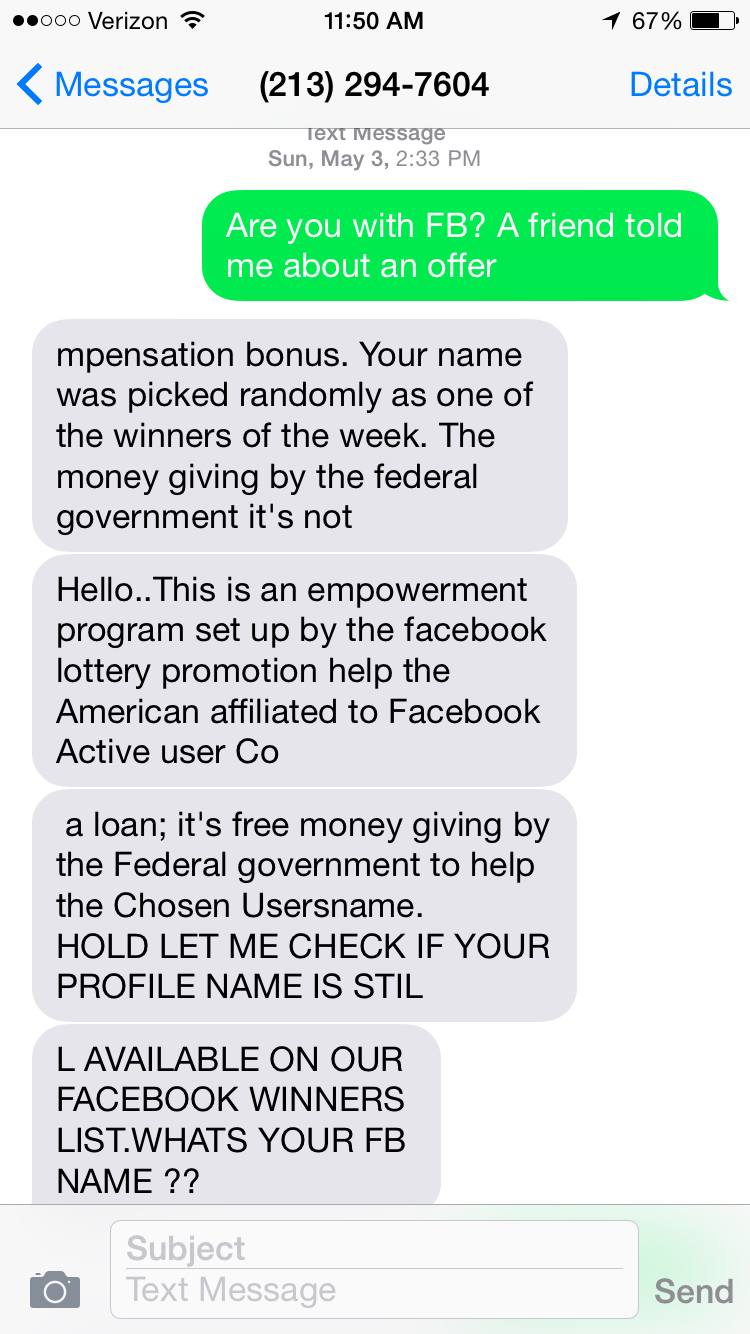 Initial conversation started on FB when he duplicated a friend's (Jean, who is mentioned later in the convo) FB account and then contacted him letting him know he just need to text this person to collect his millions.