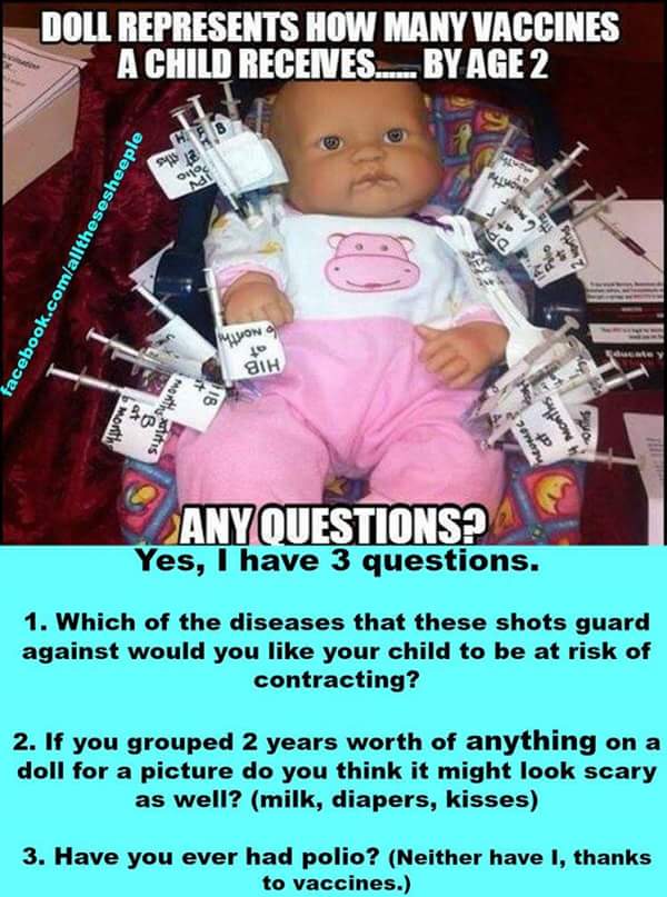 many vaccines does a child get - Doll Represents How Many Vaccines A Child Receives..... By Age 2 de facebook.comallthesesheeple Mono Bih Suo month Any Questions? Yes, I have 3 questions. 1. Which of the diseases that these shots guard against would you y