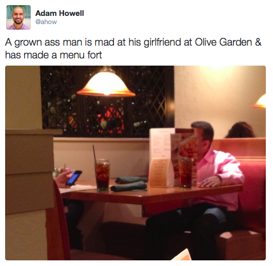 olive garden menu fort - Adam Howell A grown ass man is mad at his girlfriend at Olive Garden & has made a menu fort